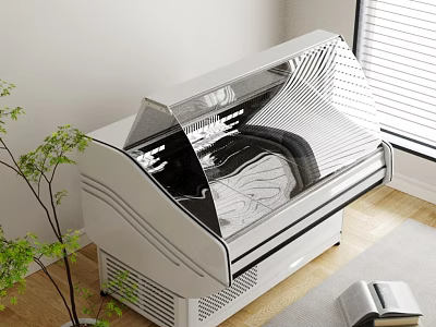 Modern Horizontal Freezer with Transparent Lid in Indoor Space near Plant and Window 3d model