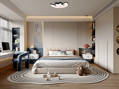 Modern Kids Room Interior Design With Bed Desk Circular Rug And Stuffed Toy 3d model