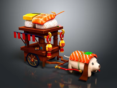 Wooden Functional Sushi Cart Featuring Salmon Decorated Pig Pulling And Small Dolls 3d model