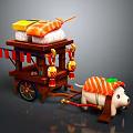 Wooden Functional Sushi Cart Featuring Salmon Decorated Pig Pulling And Small Dolls