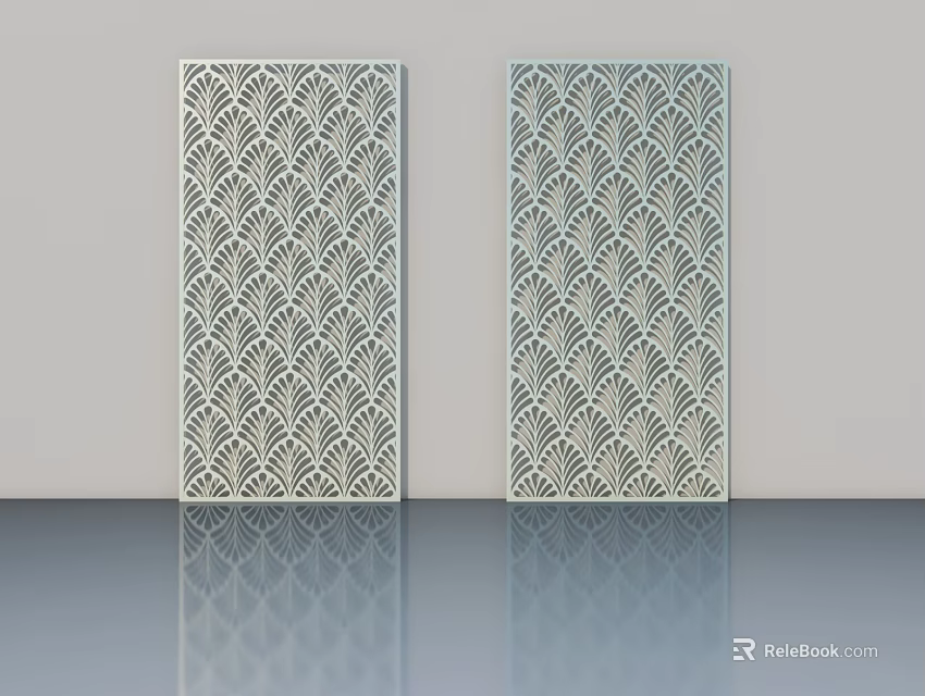 Two Fan Pattern Hinged Doors in Light Colored Wall with Reflective Floor 3d model