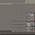 Light Gray Wardrobe with Cabinet Doors Drawers and Marble Open Shelves Near Window Blinds