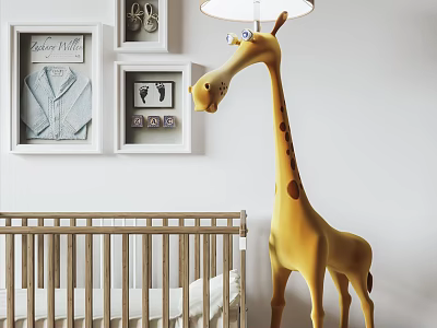 Adorable Unique Shaped Floor Lamp In Nursery Room With Baby Crib And Photo Frames 3d model