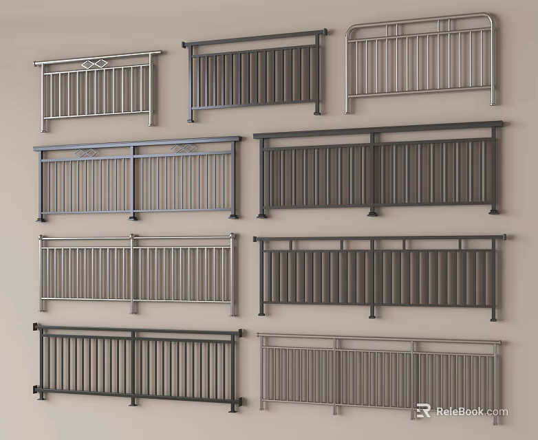 Various Metal Railings With Horizontal Bars And Different Design Styles 3d model