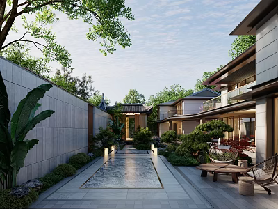 Elegant New Chinese Style Courtyard Landscape With Lush Greenery Stone Path And Stylish Residential Villas 3d model