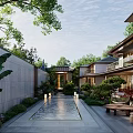 Elegant New Chinese Style Courtyard Landscape With Lush Greenery Stone Path And Stylish Residential Villas