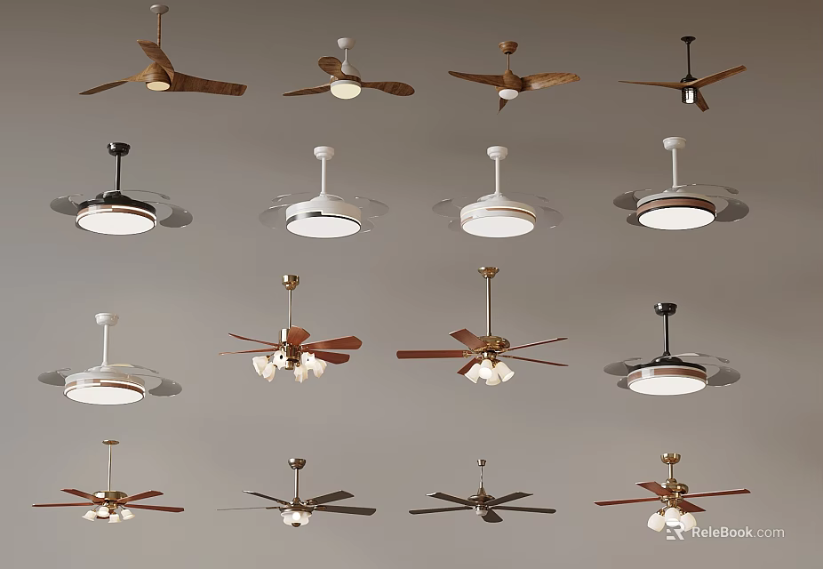 Various Modern Ceiling Fans With Lights And Different Blade Styles For Home Use 3d model 
