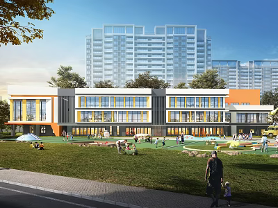 Modern Primary School Building White Orange Facade With Large Windows Green Lawn And Children Playing 3d model