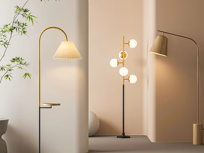 Modern Arched Floor Lamps with Woven Shade and Spherical Lights for Interior Decor 3d model