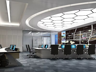 Modern Control Room Interior With Multiple Monitors Control Desks And Office Chairs 3d model
