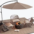 Stylish Metal Frame Outdoor Chairs With Umbrella And Fire Pit Table On Wooden Deck