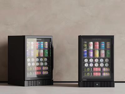 Two Black Refrigerators With Glass Doors Filled With Various Beverage Cans 3d model