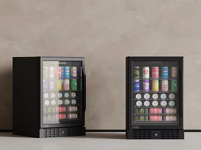 Two Black Refrigerators With Glass Doors Filled With Various Beverage Cans 3d model