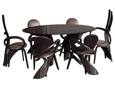 Round Dark Table and Chair Set with Unique Curved Backrest Chairs Modern Interior Furniture 3d model
