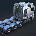Modern Silver Tractor Unit With Tri Axle And Yellow Roof Lights
