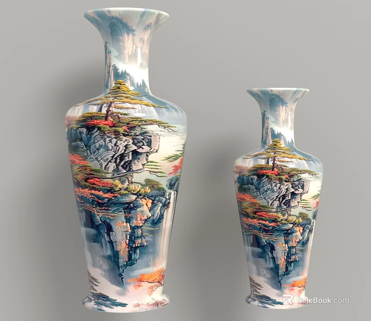Two Ceramic Vases With Hand Painted Mountain Pine Tree Landscape Design 3d model 