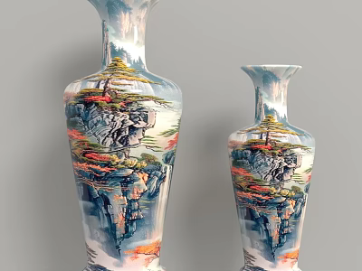 Two Ceramic Vases With Hand Painted Mountain Pine Tree Landscape Design 3d model