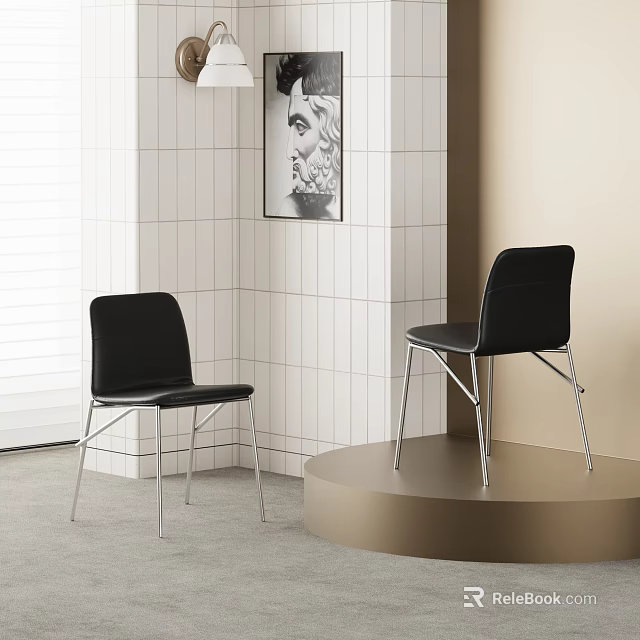 Sleek Black Leather Dining Chairs With Metal Legs By White Tiled Wall And Painting 3d model 
