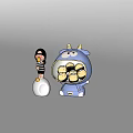 Blue Horned Cartoon Decorative Ornament Set With Golden Balls And Small Striped Figure