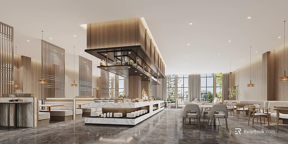 Modern Restaurant Interior Design With Wooden Decor Marble Bar And Natural Light Dining Area 3d model 