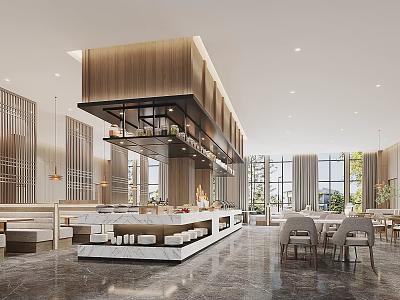 Modern Restaurant Interior Design With Wooden Decor Marble Bar And Natural Light Dining Area 3d model