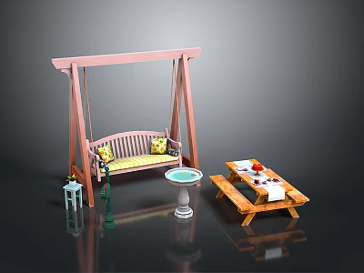 Outdoor Garden Furniture Set With Pink Swing Picnic Table And Water Fountain 3d model