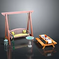 Outdoor Garden Furniture Set With Pink Swing Picnic Table And Water Fountain
