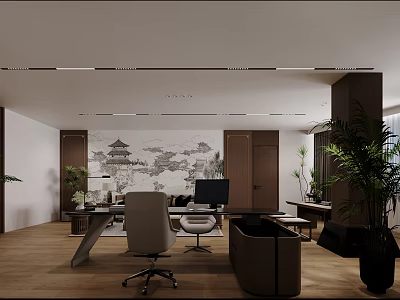 Modern Office Interior With Chinese Landscape Painting Office Desk Chair And Green Plants 3d model