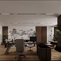 Modern Office Interior With Chinese Landscape Painting Office Desk Chair And Green Plants