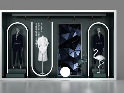 Fashionable Window Display With Mannequins In Formal Suits White Dress Geometric Backdrop And Flamingo Decor 3d model