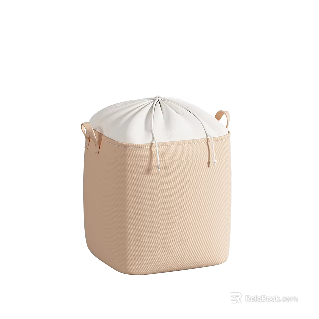Beige Fabric Storage Bin With White Drawstring Lid And Side Handles 3d model