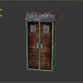 Red Small House Shaped Cabinet With Blue Roof Double Doors And Windows