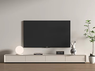 White TV Stand With TV Round Lamp Clock And Rabbit Decor Near Potted Plant 3d model