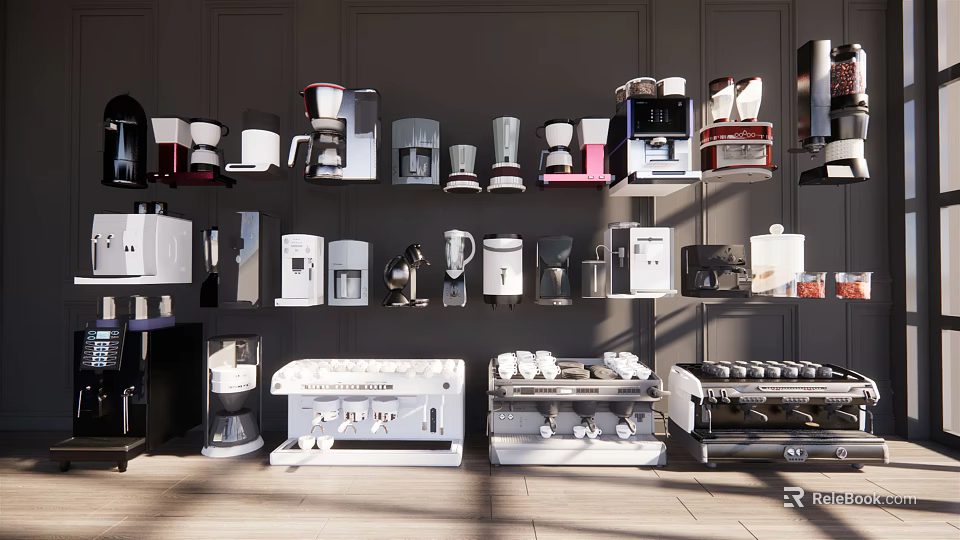 Assorted Kitchen Appliances Display On Wall And Shelves In Modern Showroom 3d model 