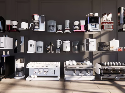 Assorted Kitchen Appliances Display On Wall And Shelves In Modern Showroom 3d model