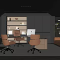 Modern Office Interior Design With Gray Bookshelves Brown Chairs Desk and Sofa