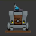 3D Render of Mine Cart on Rail Tracks with Colorful Ores and Hammer Model Design
