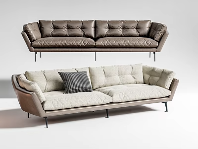 Two Seater Sofa Brown Leather Beige Fabric With Stitched Design Checkered Cushion Black Metal Legs 3d model