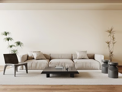Elegant Living Room Interior With Beige Sofa Throw Pillows Black Coffee Table And Green Plants 3d model