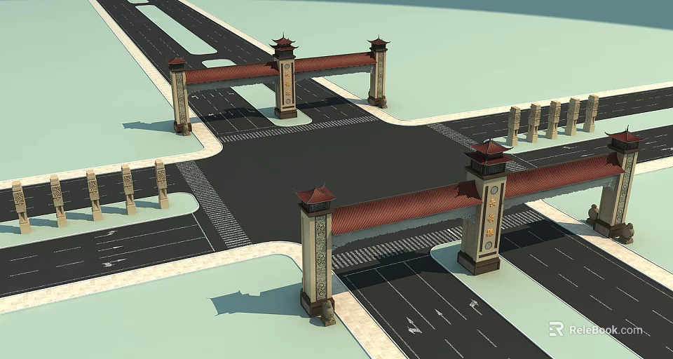 Chinese Traditional Entrance Gate With Tall Decorative Pillars And Red Roof Design 3d model 