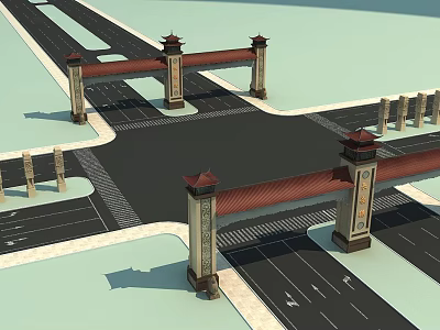 Chinese Traditional Entrance Gate With Tall Decorative Pillars And Red Roof Design 3d model