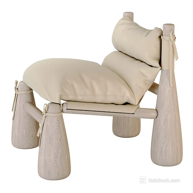 Modern Wooden Armchair With Beige Cushions Tapered Legs And Decorative Tied Ribbons 3d model 