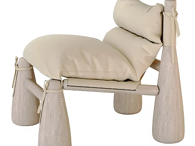 Modern Wooden Armchair With Beige Cushions Tapered Legs And Decorative Tied Ribbons 3d model