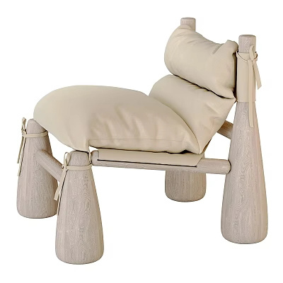 Modern Wooden Armchair With Beige Cushions Tapered Legs And Decorative Tied Ribbons 3d model