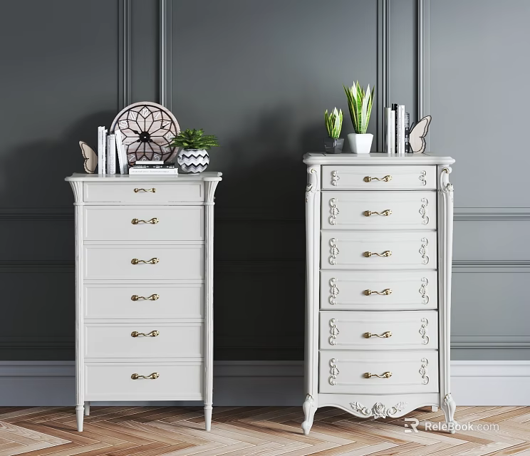 Elegant White Dressers With Golden Handles And Carved Design On Gray Wall Wooden Floor 3d model 
