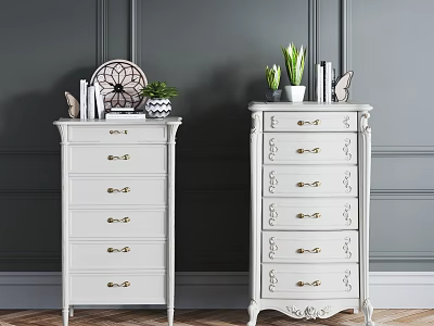 Elegant White Dressers With Golden Handles And Carved Design On Gray Wall Wooden Floor 3d model