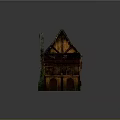 Wooden House Featuring Mossy Roof Chimney Lit Windows Arched Porch and Rustic Design
