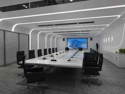 Modern Conference Room Interior With Long White Table Black Office Chairs And Large Screen 3d model