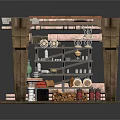 Wooden Pavilion Structure With Tile Roof Wooden Pillars Shelves Barrels And Metal Rails