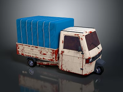 Old Cream White Tricycle Truck With Blue Canvas Cover And Rusty Body 3d model